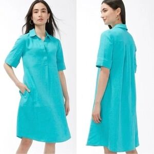 CHICOS Sz 3 (16/XL) 100% Linen Popover Shirt Dress Aqua Azul Coastal Pockets